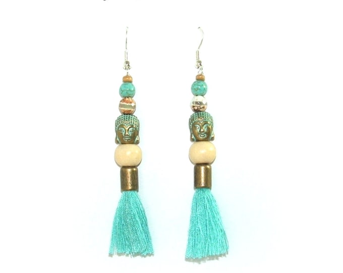 Boucles d'oreille originales turquoise bouddha argent 925 artisanal