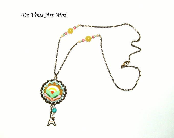 Collier sautoir bohème pendentif,tissus et pierres semi-précieuses,bijou fait main,collier jaune moutarde turquoise