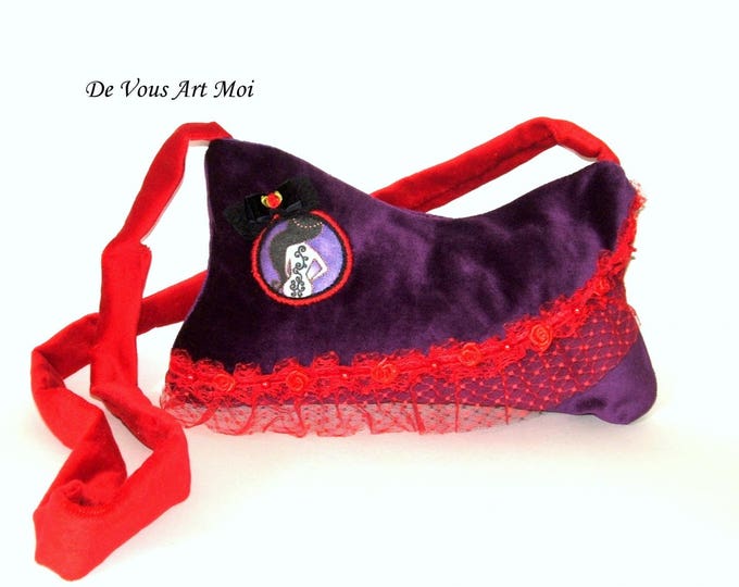 Sac Besace femme,fait main,petit sac femme,sac bandoulière,sac bohème velours,sac violet et rouge,sac tissus fait main,réalisé à la main