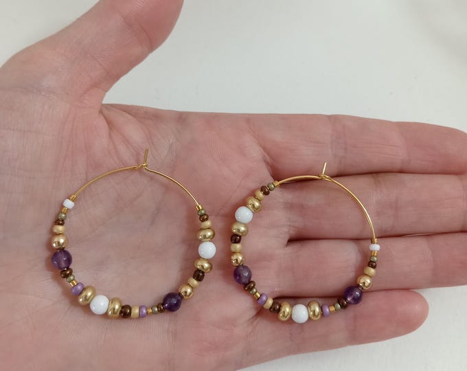 Handmade 35mm gold-plated hoop earrings with natural amethyst and white jade stones, handcrafted