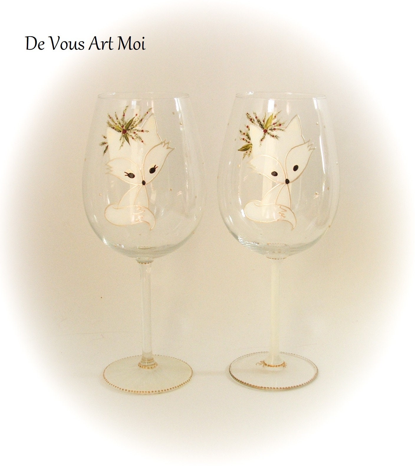 Duo Grands Verres Vin, Verre Vin Motif Renard Blanc, Fait Main, Verre Artisanal Peint Main