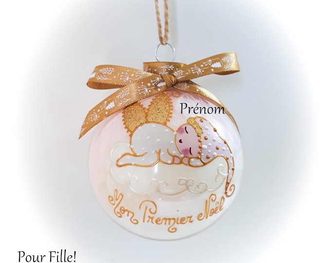 Boule premier noël bébé personnalisée fée ange lutine verre illustration peinte main artisanale