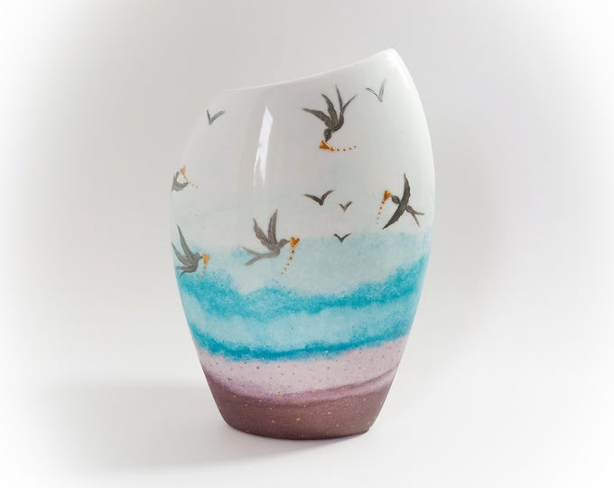 Vase céramique porcelaine oiseaux paysage mer fait main artisanal