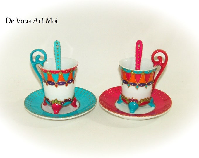 Saint valentin Tasse céramique porcelaine peinte,duo tasses originales colorées,artisanale fait main