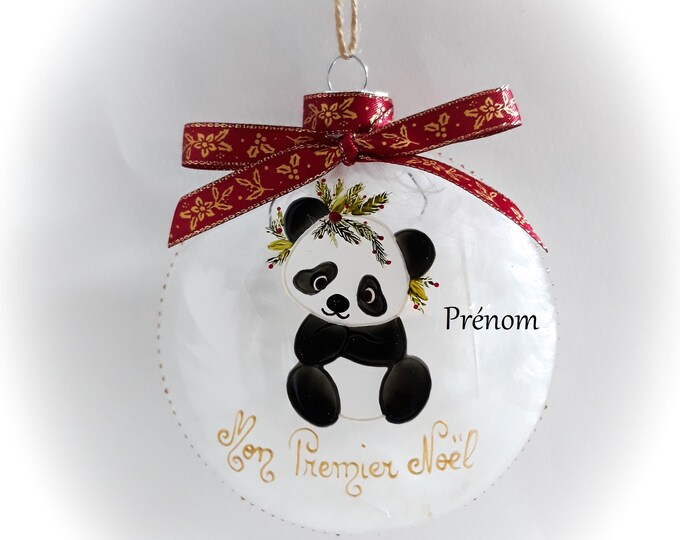 Boule mon premier noël verre personnalisée dessin illustration panda fait main artisanale