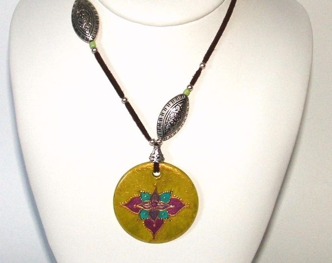 Collier femme bohème,pendentif Rond,en porcelaine peint main,collier bohème coloré,ajustable,artisanal,fait main