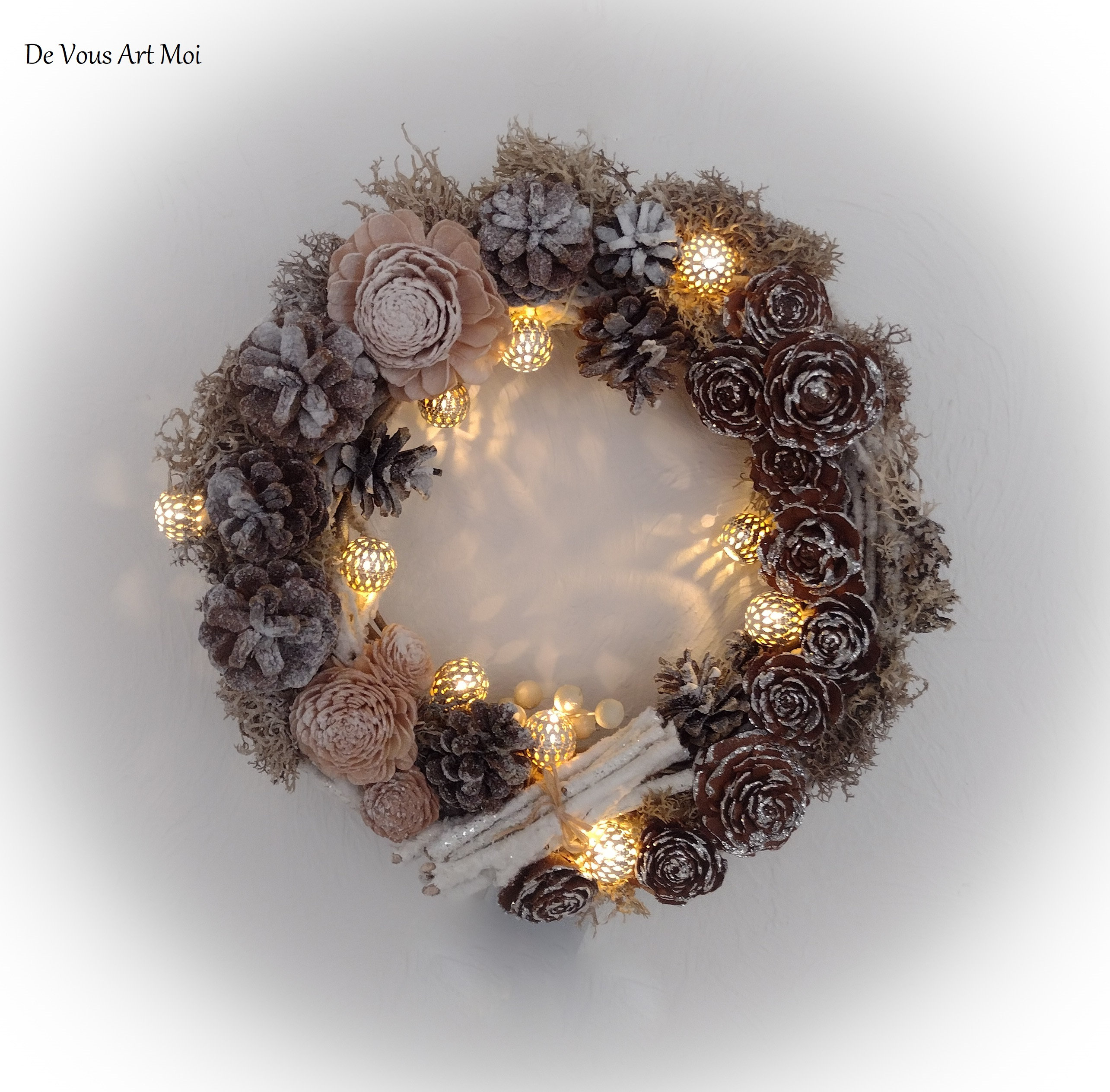 Couronne Noël Lumineuse Végétale, Couronne Porte Noël Naturelle, Fait Main Artisanale