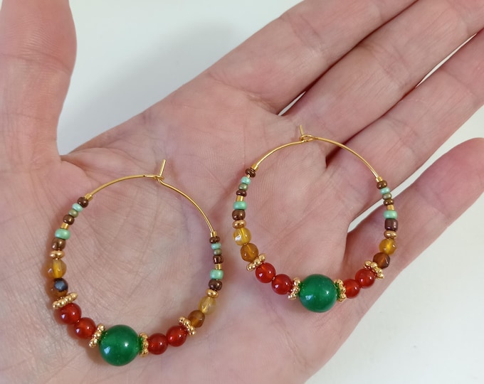 Handmade gold-plated natural stone hoop earrings, 35mm