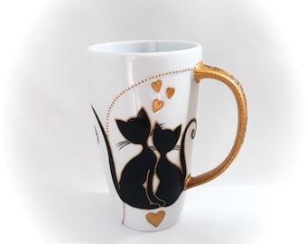 Large capacity porcelain mug with original cat theme, handmade.
