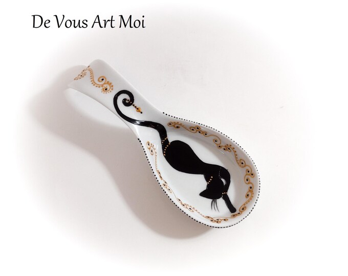 Repose cuillère original céramique porcelaine cadeau illustration chat décoré main artisanal