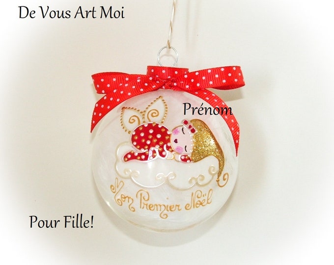 Boule de noël mon premier noël fille personnalisé fée ange lutine verre illustration peinte main artisanale