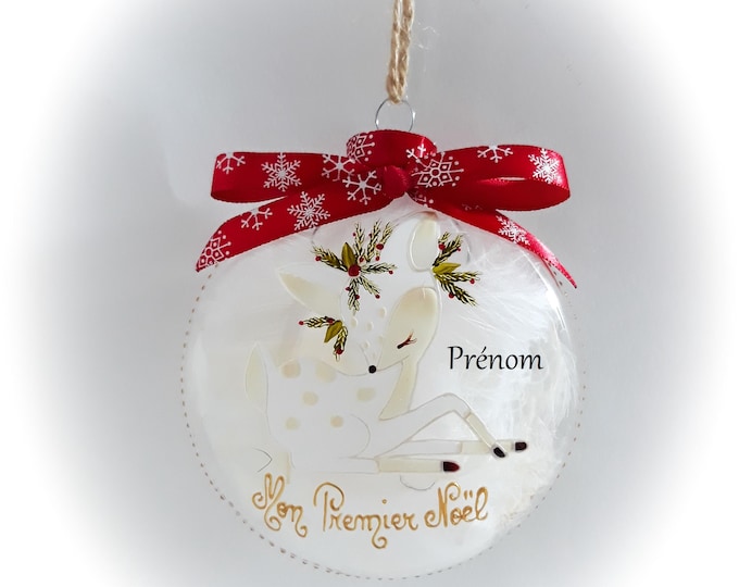 Boule de noël personnalisée mon premier noël verre illustration faon fait main artisanale