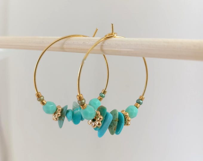 Handmade 25mm gold-plated natural turquoise stone hoop earrings