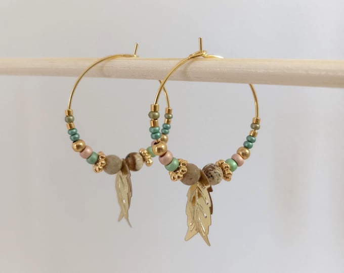 Handmade jasper stone hoop earrings, multicolored natural landscape design, 25mm, gold plated
