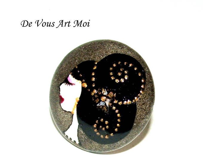 Bague femme peinte main,porcelaine,argent massif ajustable,visage femme,grosse bague ronde,bohème,noir gris,bague artisanale,bague créateur