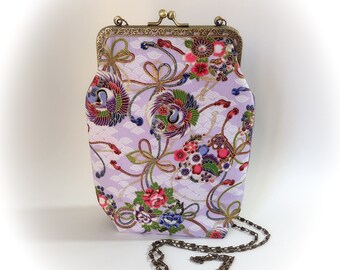 Petite pochette Minaudière tissus japonais velours fermoir métallique bandoulière chaine fait main