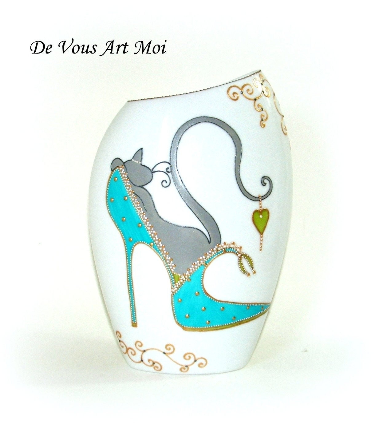 Vase Chat Peint Main, Vase et Escarpin Turquoise, Vase Porcelaine Artisanal