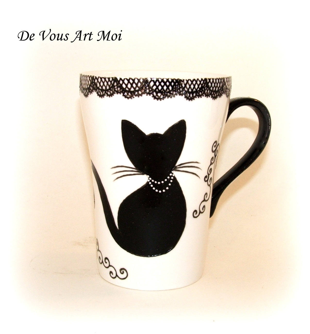 Mug Tasse Chat Porcelaine, Fait Main, Tasse Noir Blanc, Artisanale