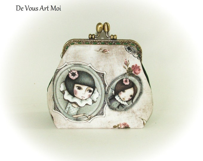 Porte monnaie femme original velours,trousse illustrée fermoir métallique,fait main artisanale