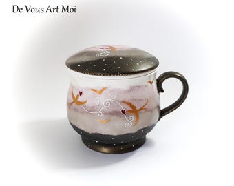 Théière tisanière filtre céramique mug tasse porcelaine couvercle peint main artisanal