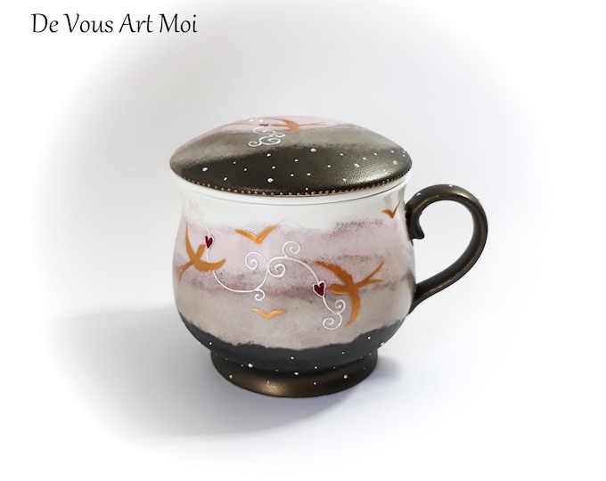 Théière tisanière filtre céramique mug tasse porcelaine couvercle peint main artisanal