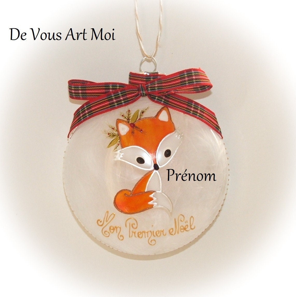 Boule Premier Noël Personnalisée, Fait Main, Boule Verre Renard Noël, Artisanale