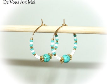 Créoles turquoise boucles d'oreille 25mm acier inoxydable et plaqué or artisanal