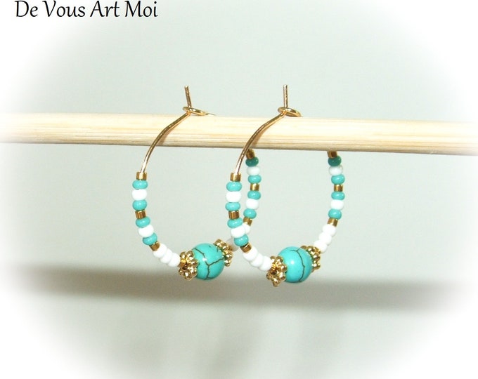 Créoles turquoise boucles d'oreille 25mm acier inoxydable et plaqué or artisanal