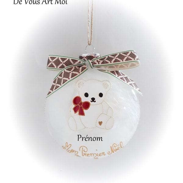 Boule de noël mon premier Noël personnalisée prénom enfant ourson blanc peinte main artisanale