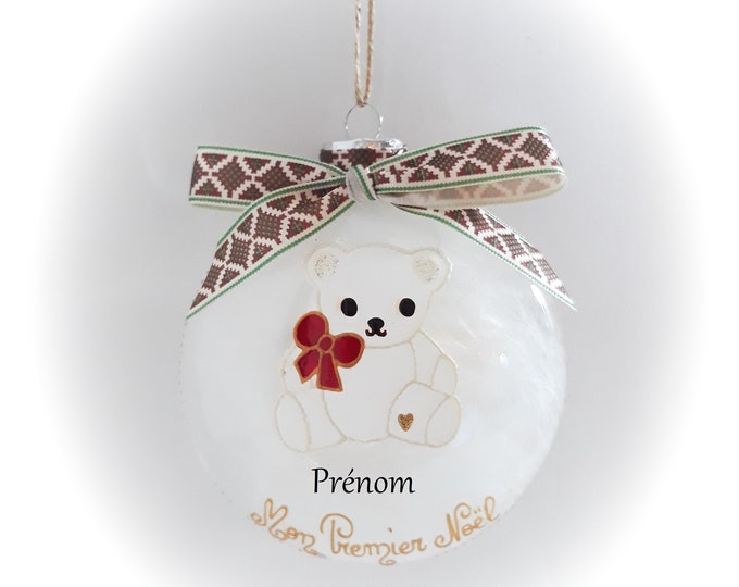 Boule de noël mon premier Noël personnalisée prénom enfant ourson blanc peinte main artisanale