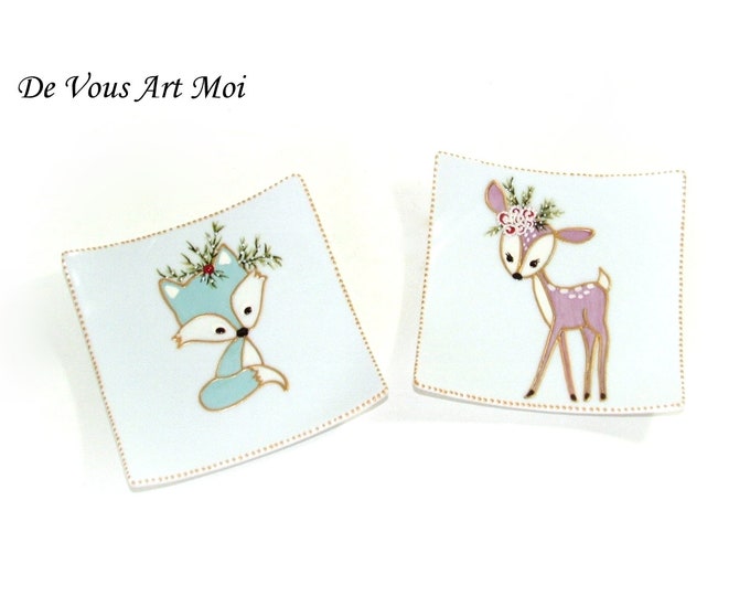 Vides poches coupelles porcelaine,peint main,illustration renard faon,artisanal