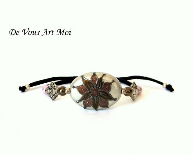 Bracelet Femme bohème,fait main,bracelet cuir ajustable,bracelet artisanale,bijou peint main,bracelet porcelaine