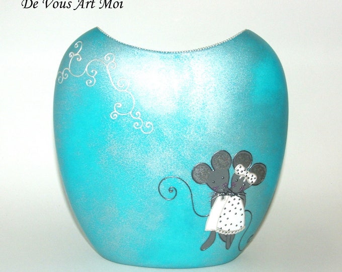 Vase en porcelaine turquoise,couple de souris,peint main,vase artisanal moderne,fait main,cadeau amoureux