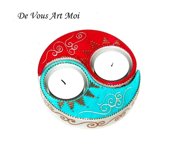 Bougeoir fait main,porte bougie porcelaine,bougeoir séparable ying-yang,peinte à la main,bougeoir rouge turquoise,décoration zen bohème