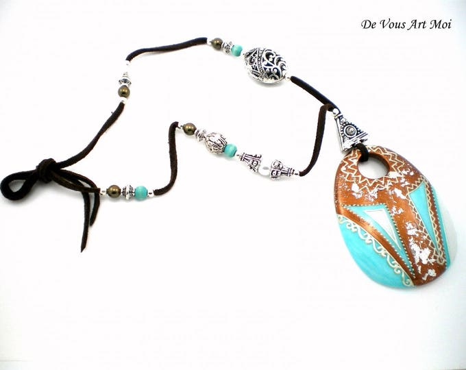 Collier femme turquoise,bijou femme bohème,pendentif turquoise vermeil,en porcelaine peinte main,bijou amérindien bohème,collier ajustable