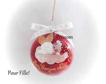 Boule de noël premier noël bébé fille naissance personnalisé mon premier noël fée ange lutine verre illustration peinte main artisanale