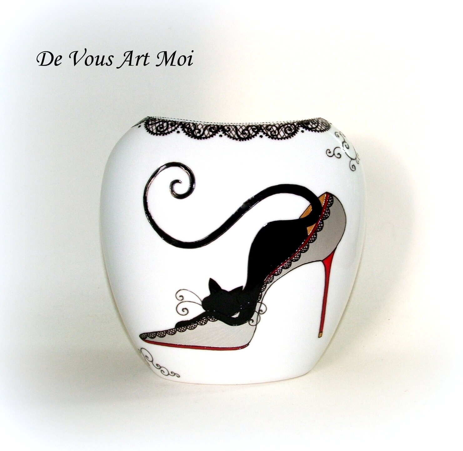Vase Porcelaine Chat, Fait Main, Vase Chat Noir, Vase Peinte Main, Chat Dans Son Escarpin, Décoratio