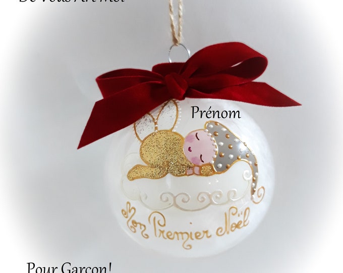 Boule de noël premier noël garçon prénom personnalisé bébé lutin ange de noël peint main