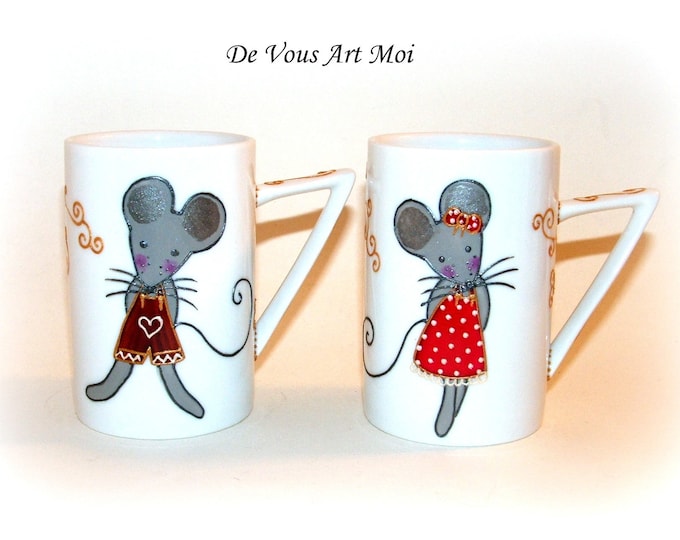 Mug tasse porcelaine,fait main,ensemble de deux tasse,duo de mug peint main,duo tasse amoureux,tasse couple souris,mug artisanal