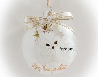 Boule de Noël personnalisée mon premier noël naissance verre dessin renard blanc fait main artisanale