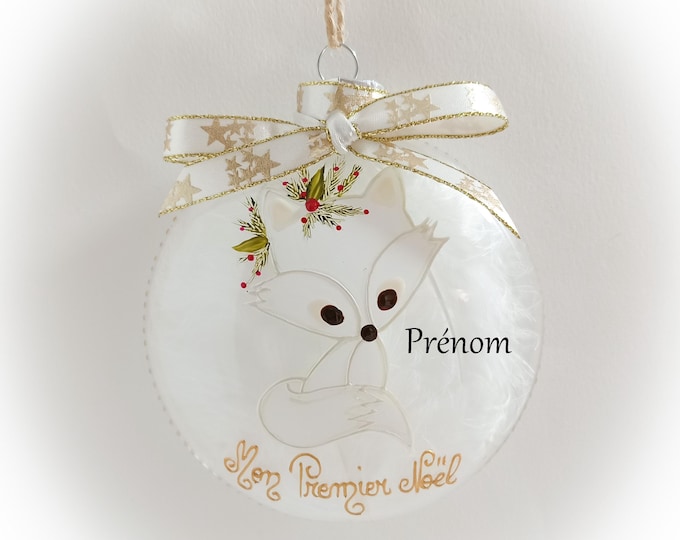 Boule de Noël personnalisée mon premier noël naissance verre dessin renard blanc fait main artisanale