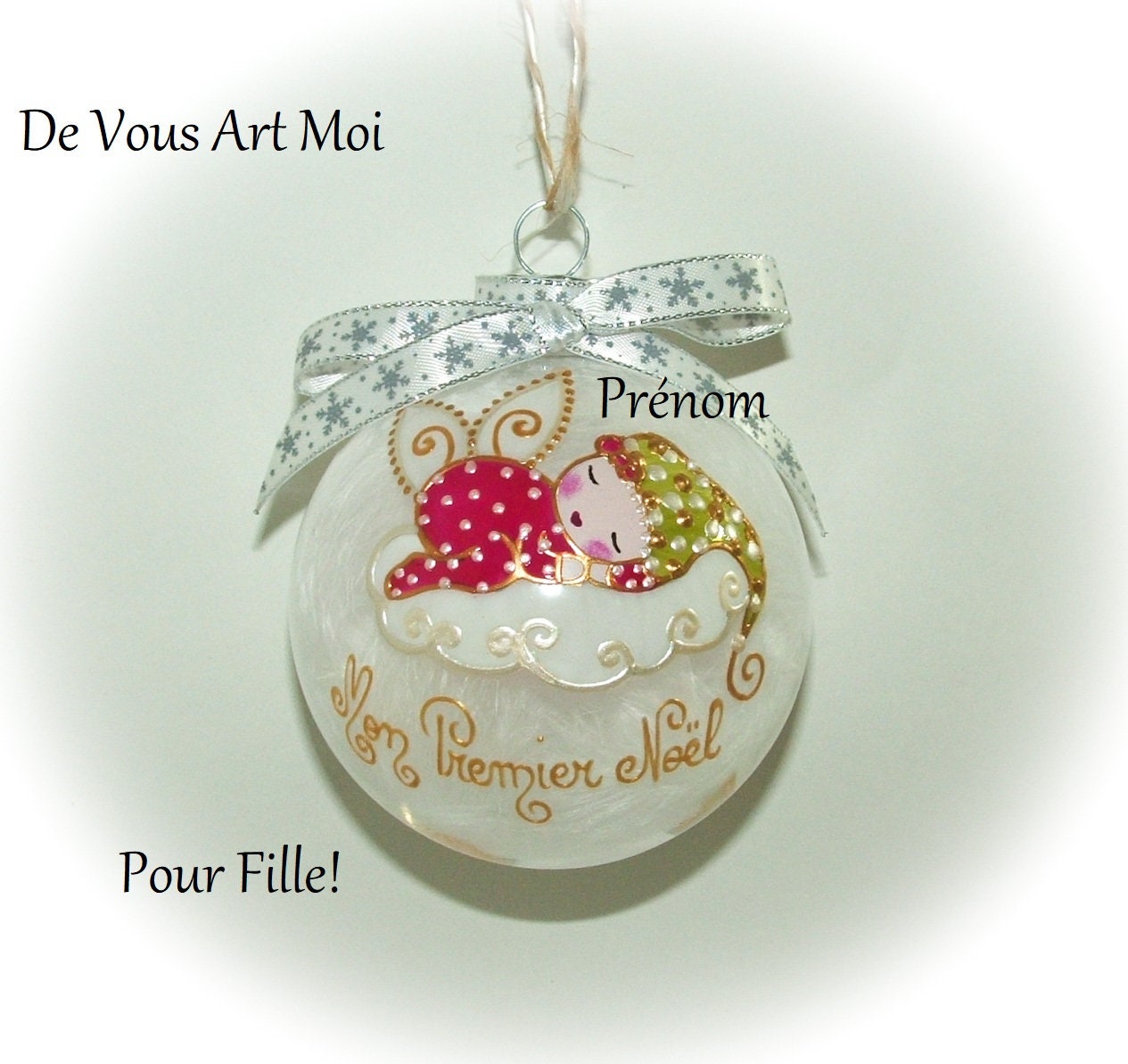 Boule Premier Noël Fille Personnalisé, Boule Fée Ange Lutine, Verre Peint Main, Artisanale