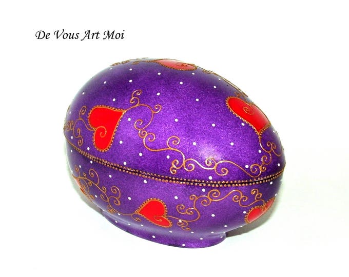 Grande Boite Ovale,peinte main,boite forme oeuf ,coffret pour bijoux,en porcelaine,fait main,boite violet rouge,motif coeur,artisanale