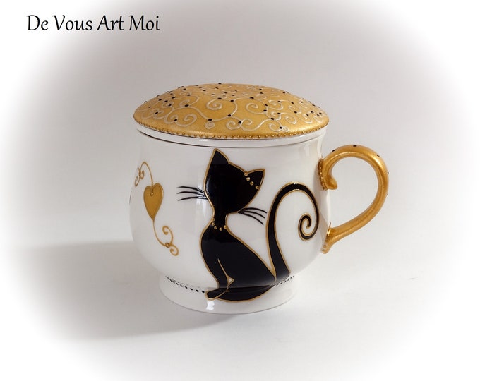 Tisanière théière céramique colorée originale mug tasse chat porcelaine filtre couvercle peint main artisanal