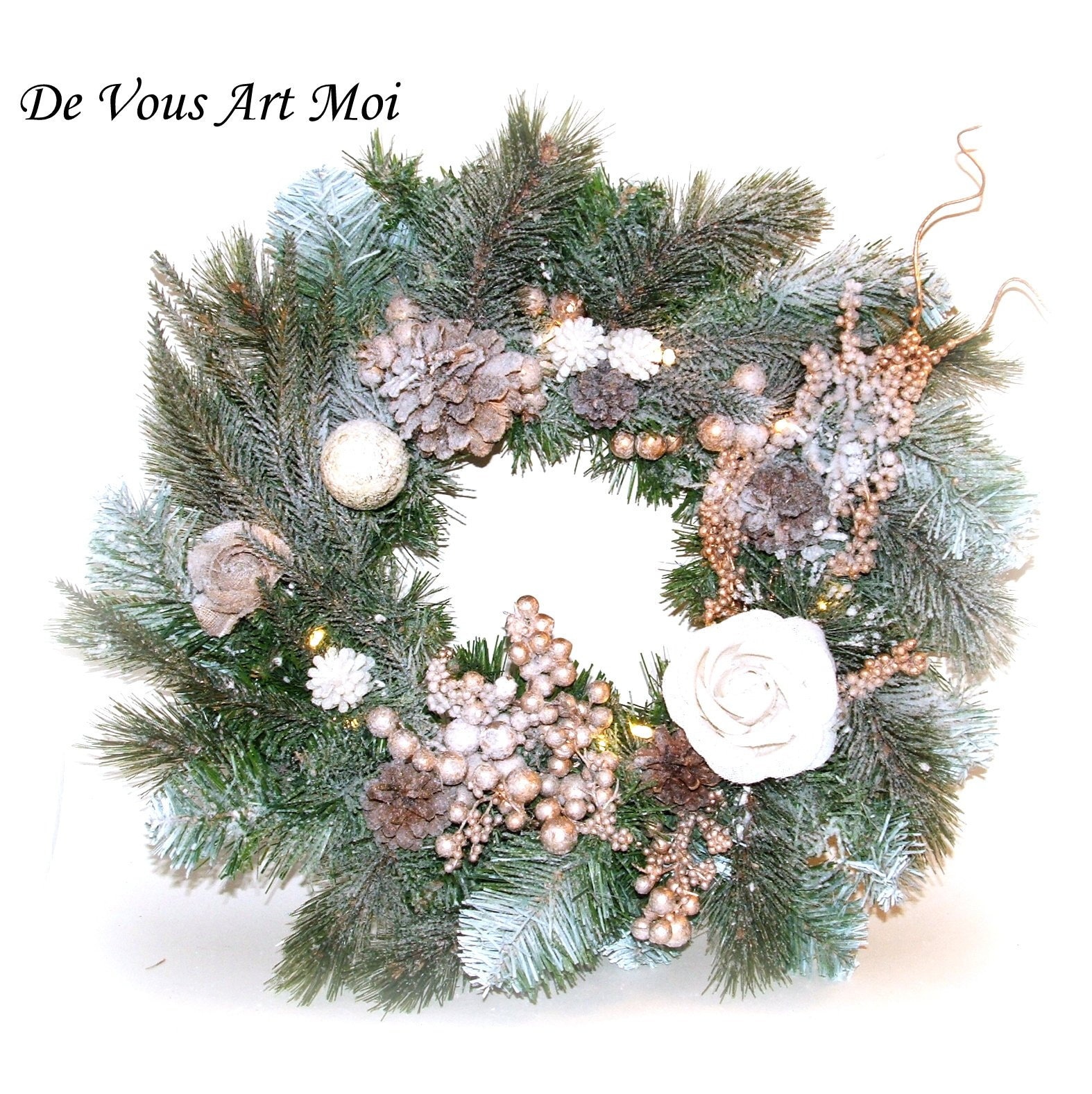 Couronne de Noël Lumineuse, Décoration Porte Noël, Cuivré, Fait Main, Fleur Lin, Pomme Pins, Porte N