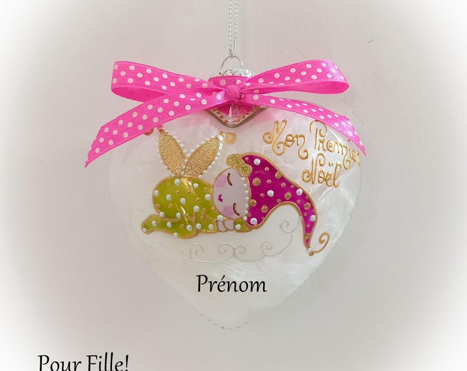 Boule de noël naissance Premier noël fille personnalisée verre peint main fée lutine elfe artisanale