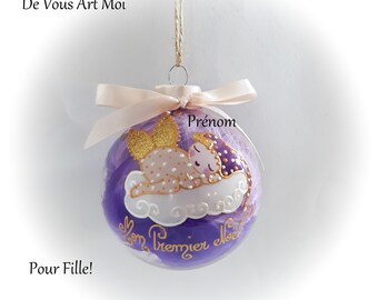 Boule de noël mon premier noël fille personnalisé fée ange lutine verre illustration peinte main artisanale