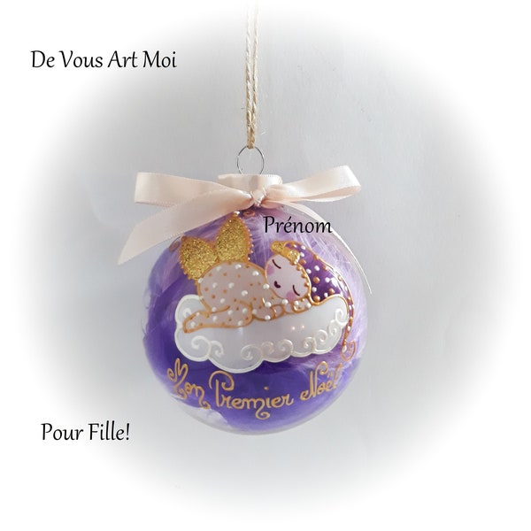 Boule de noël mon premier noël fille personnalisé fée ange lutine verre illustration peinte main artisanale