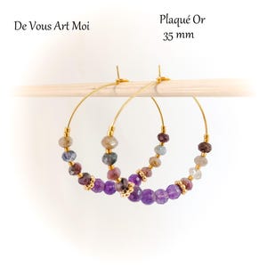 Creole earrings with amethyst and tourmaline stone 35mm gold plated handmade