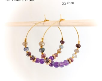 Créoles boucles d'oreille pierre améthyste et tourmaline 35mm plaqué or artisanales fait main